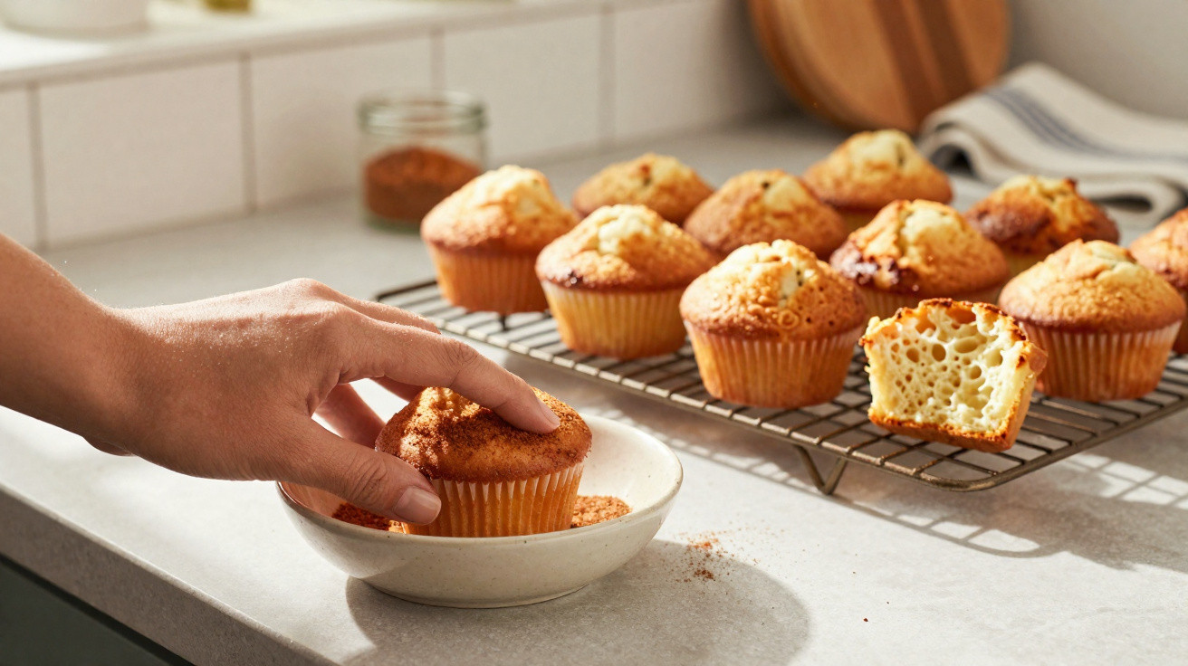 Mão segurando muffin coberto com canela ao lado de mais muffins em grade de resfriamento na bancada da cozinha.