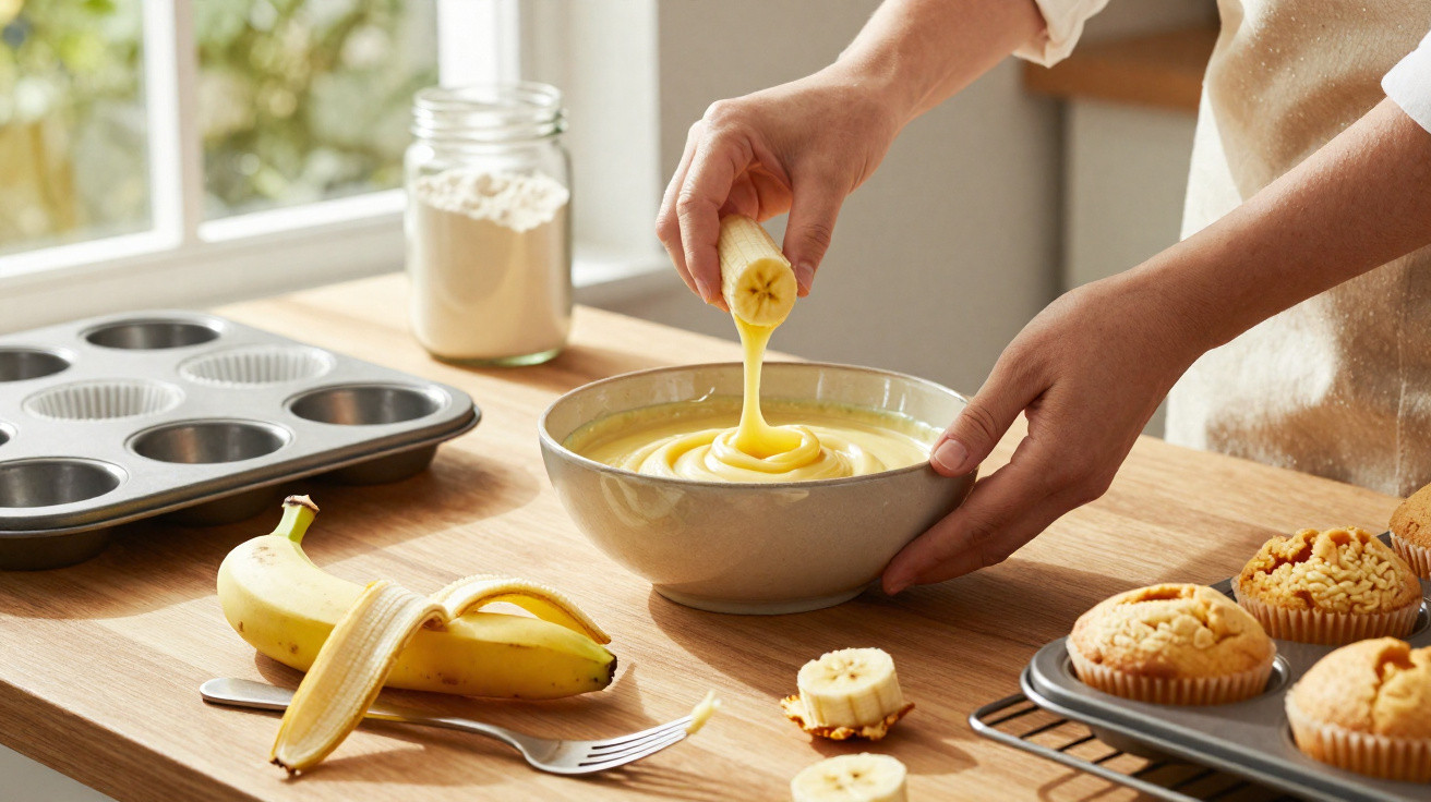 Pessoa amassando banana com creme em tigela para fazer massa de cupcake na cozinha.