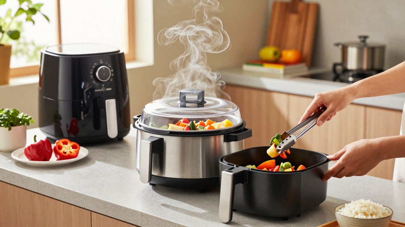 Pessoa usando pegador para cozinhar legumes em panela elétrica com vapor saindo, em cozinha moderna.