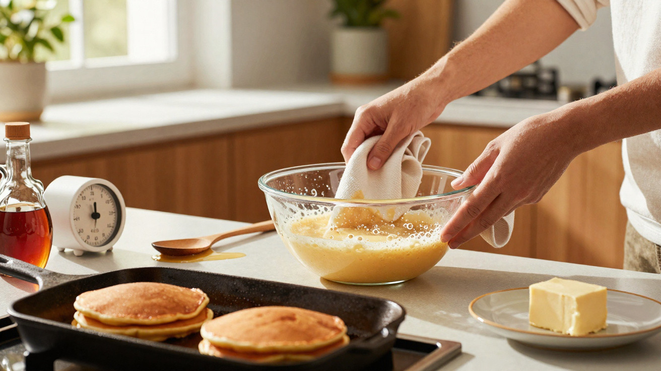 Pessoa mexendo massa para panquecas em recipiente de vidro na cozinha, com panquecas na frigideira.