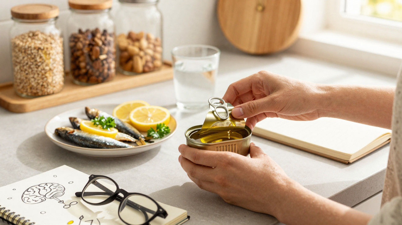 Pessoa abrindo lata de sardinhas com prato de sardinhas e rodelas de limão ao fundo, sobre mesa com copo d’água, caderno e óc