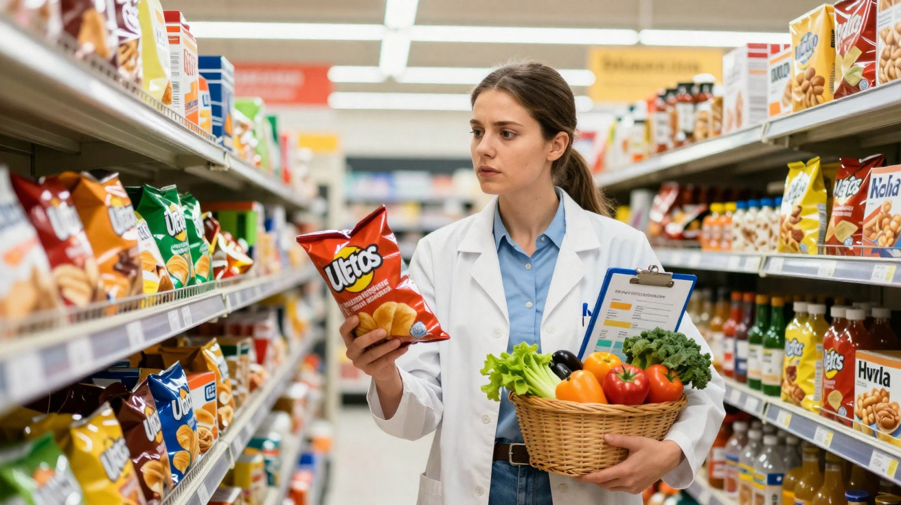 Mulher com jaleco segurando cesta de legumes e analisando pacote de salgadinho em supermercado.