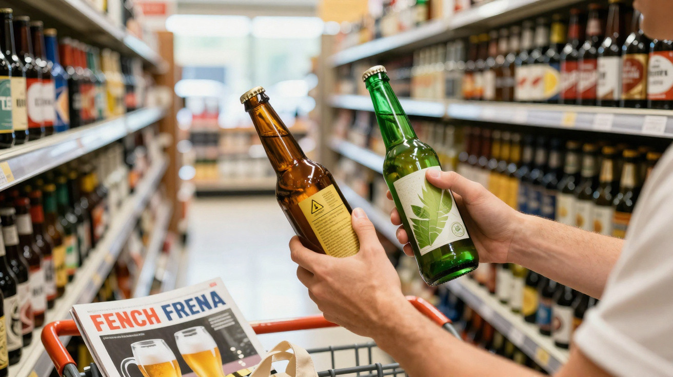 Pessoa segurando duas garrafas de cerveja em corredor de supermercado com carrinho de compras.
