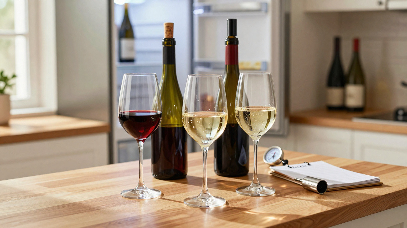 Três taças de vinho, duas com vinho branco e uma com vinho tinto, ao lado de duas garrafas sobre bancada de madeira.