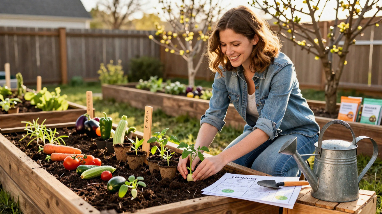 Mulher sorridente plantando mudas em horta elevada com regador, pá e plano de cultivo ao lado.