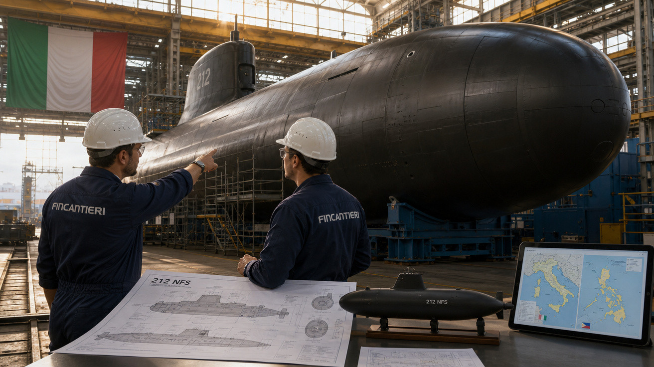 Dois engenheiros com capacetes inspecionam submarino negro em estaleiro com planta e modelo do submarino sobre mesa.