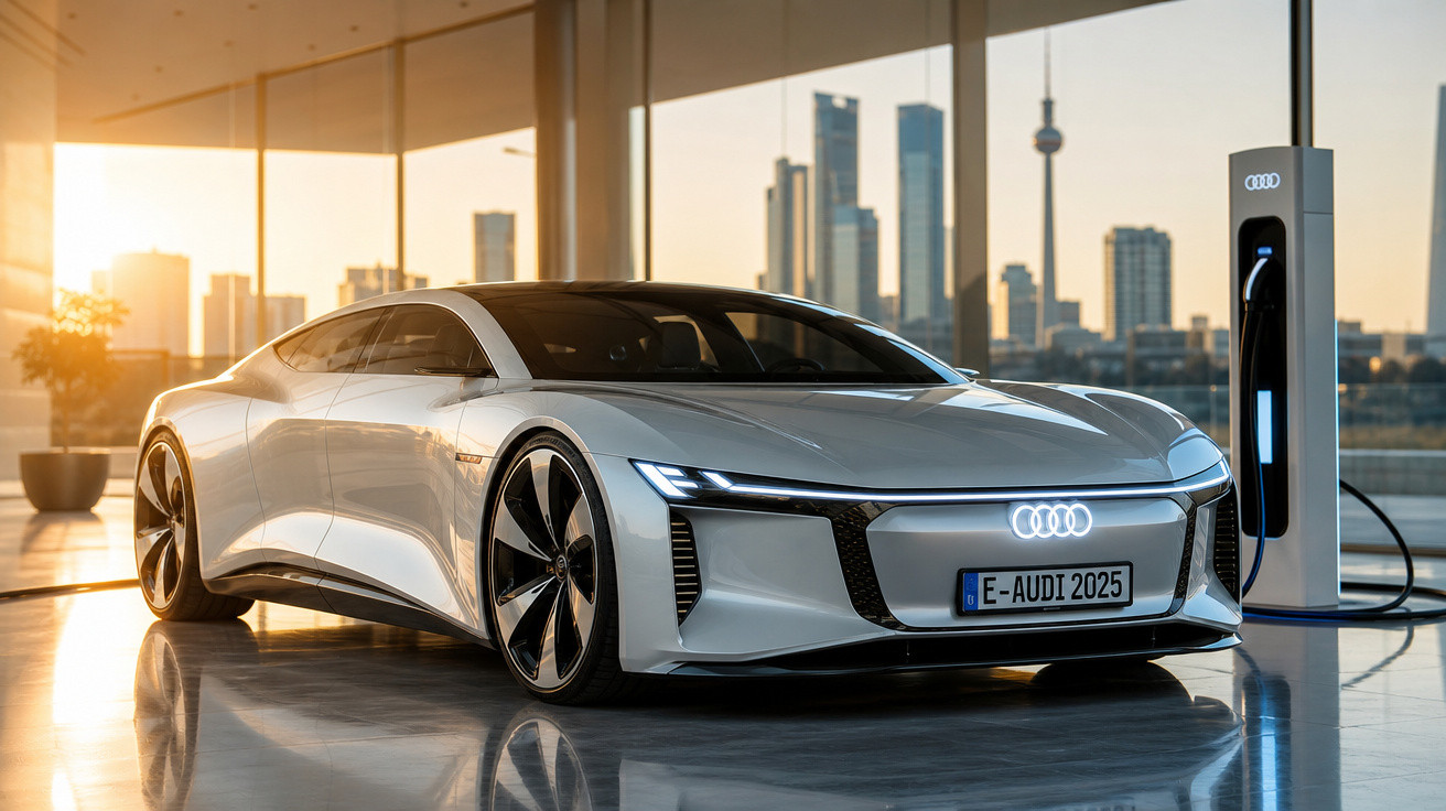 Carro elétrico Audi prata futurista estacionado e carregando em estação moderna com cidade ao fundo.