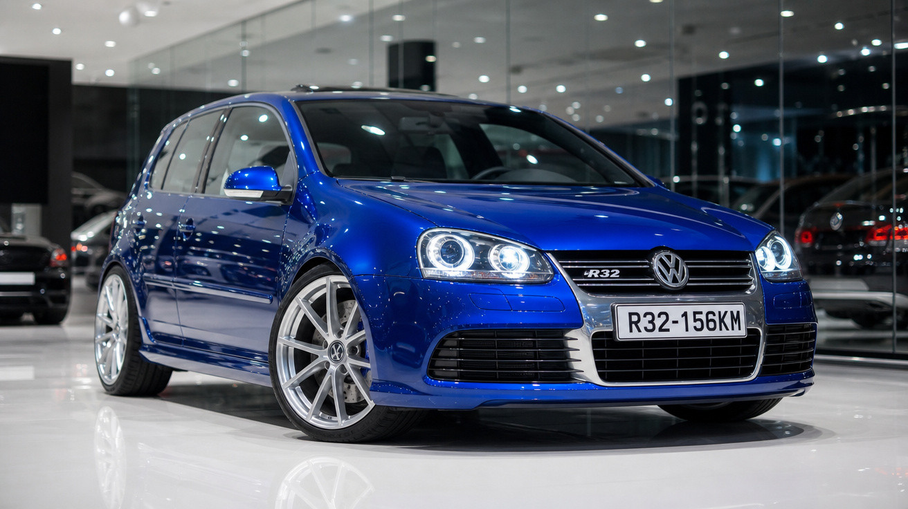 Carro Volkswagen Golf R32 azul metálico exibido em showroom com iluminação refletida no piso branco.