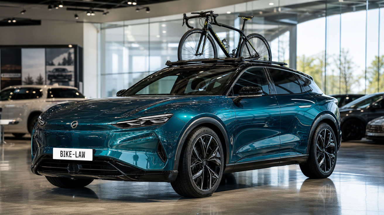 Carro elétrico azul com bicicleta preta fixada no teto em showroom moderno e iluminado.