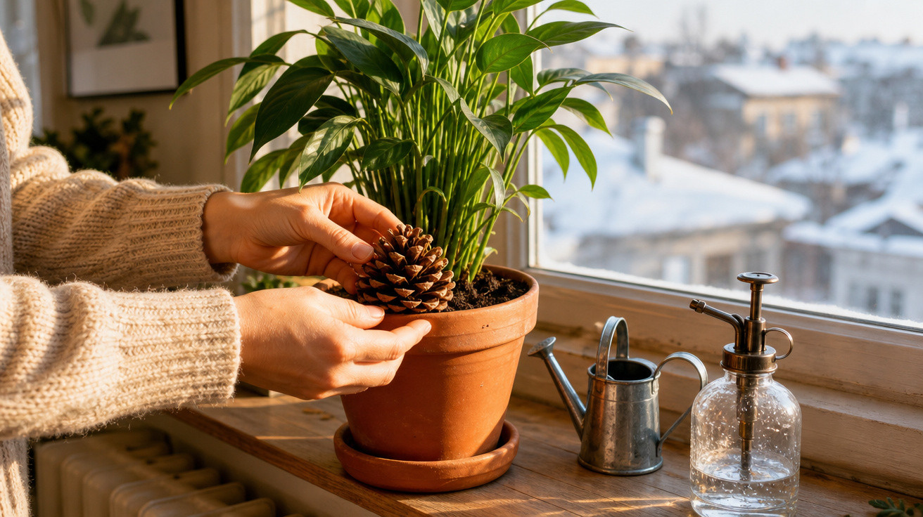 Mãos segurando um cone perto de uma planta em vaso na janela, com regador e borrifador ao lado.