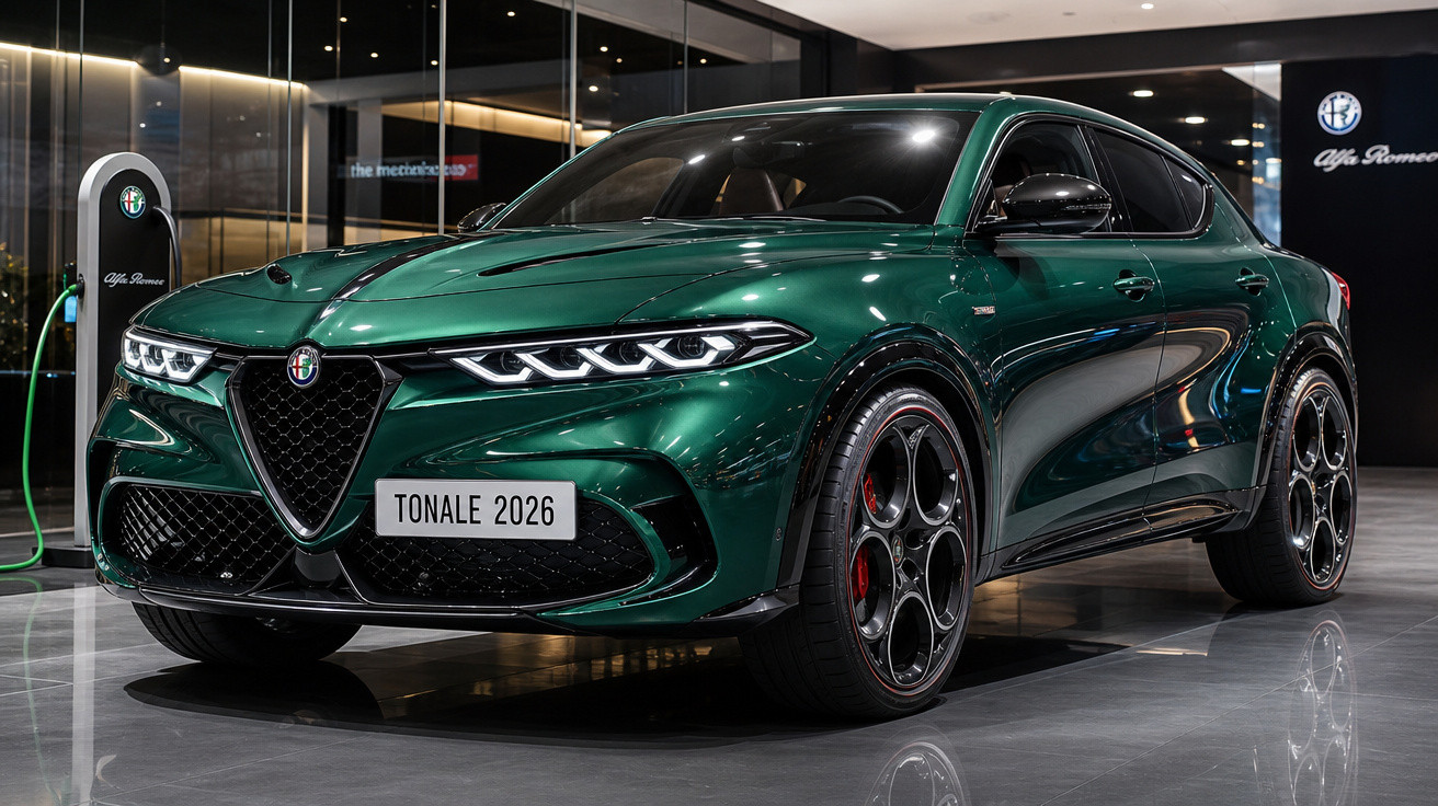 Carro SUV Alfa Romeo Tonale 2026 verde com design moderno em ambiente interno iluminado.