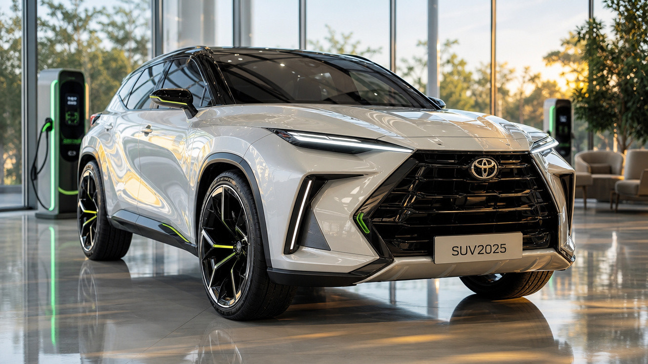 SUV branco elétrico Toyota 2025 em showroom com carregadores ao fundo.