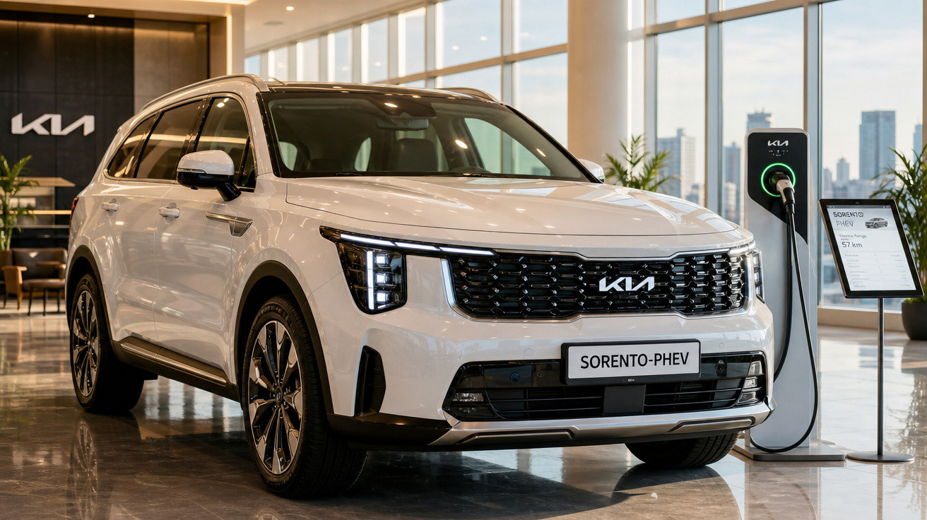 SUV branco Kia Sorento PHEV carregando em estação dentro de showroom moderno com janelas amplas.