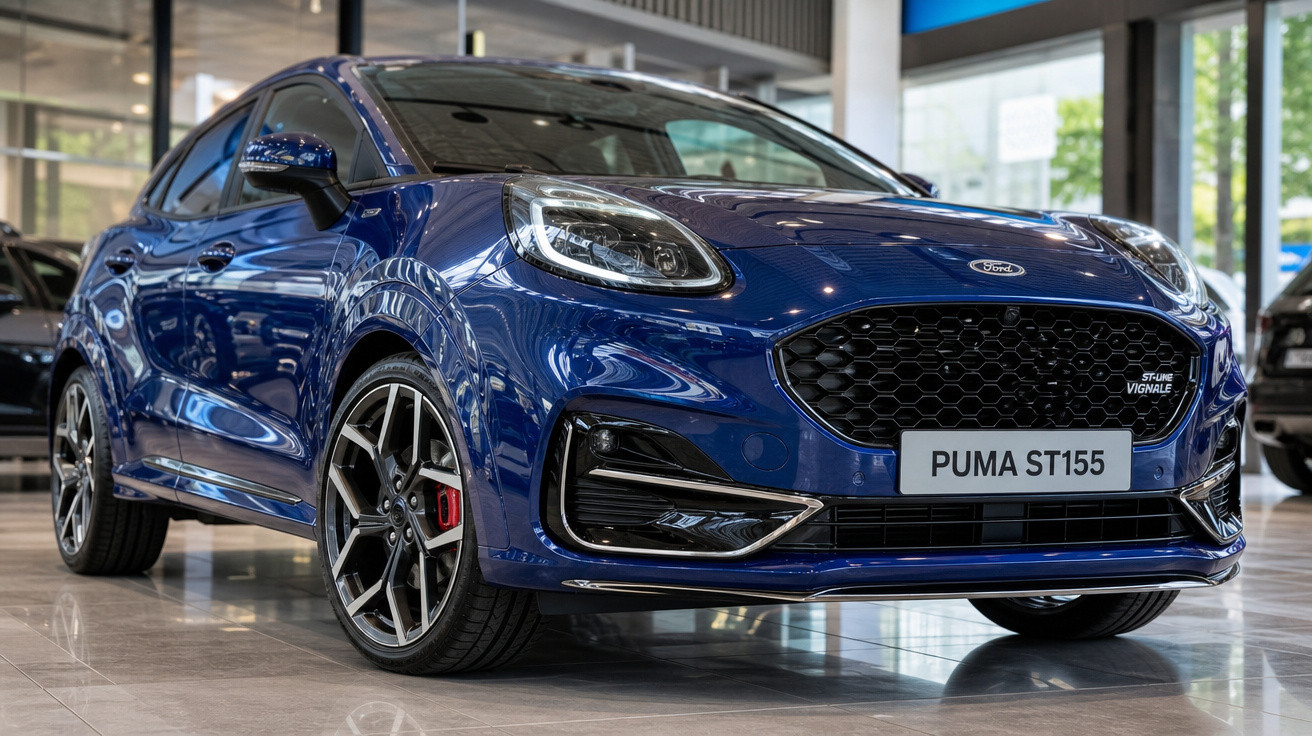 Carro Ford Puma ST155 azul exibido em showroom com detalhes esportivos e rodas pretas e prateadas.