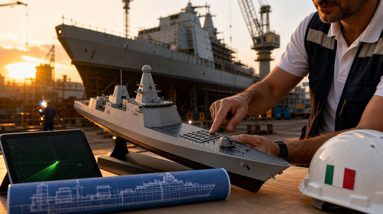 Homem trabalha em modelo de navio de guerra ao pôr do sol com blueprint e radar digital ao lado em estaleiro naval.