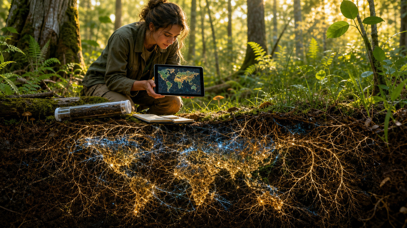 Jovem em floresta estuda mapa no tablet com representação luminosa de mapa-múndi nas raízes do solo.