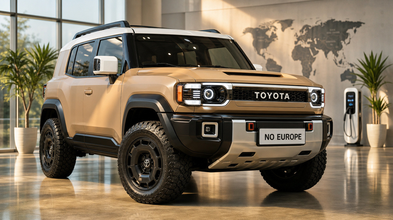 SUV Toyota elétrico bege estacionado em showroom com paredes de vidro e mapa-múndi ao fundo.