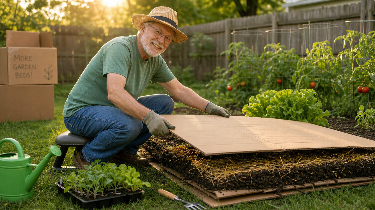 Homem idoso com chapéu cuidando de horta, organizando terra com papelão em área gramada ensolarada.