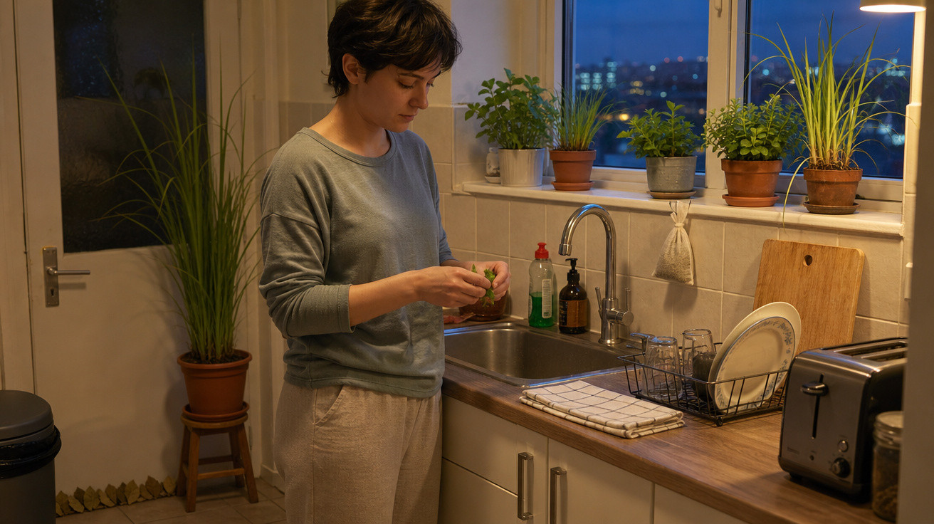 Pessoa preparando alimentos na cozinha à noite, com plantas na janela e pia com utensílios limpos.