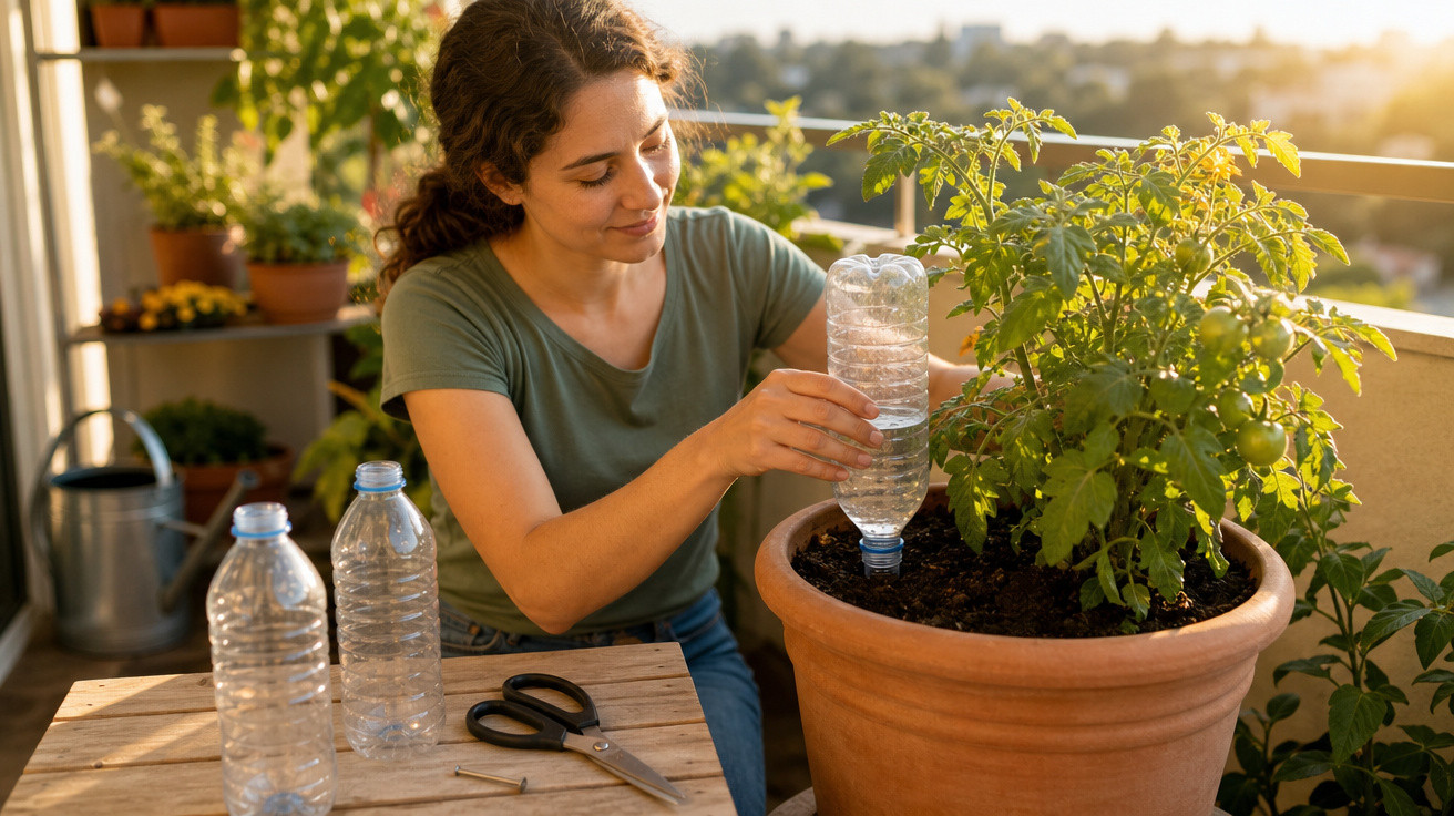 Mulher regando planta em vaso com garrafa plástica em varanda iluminada pelo sol ao entardecer.