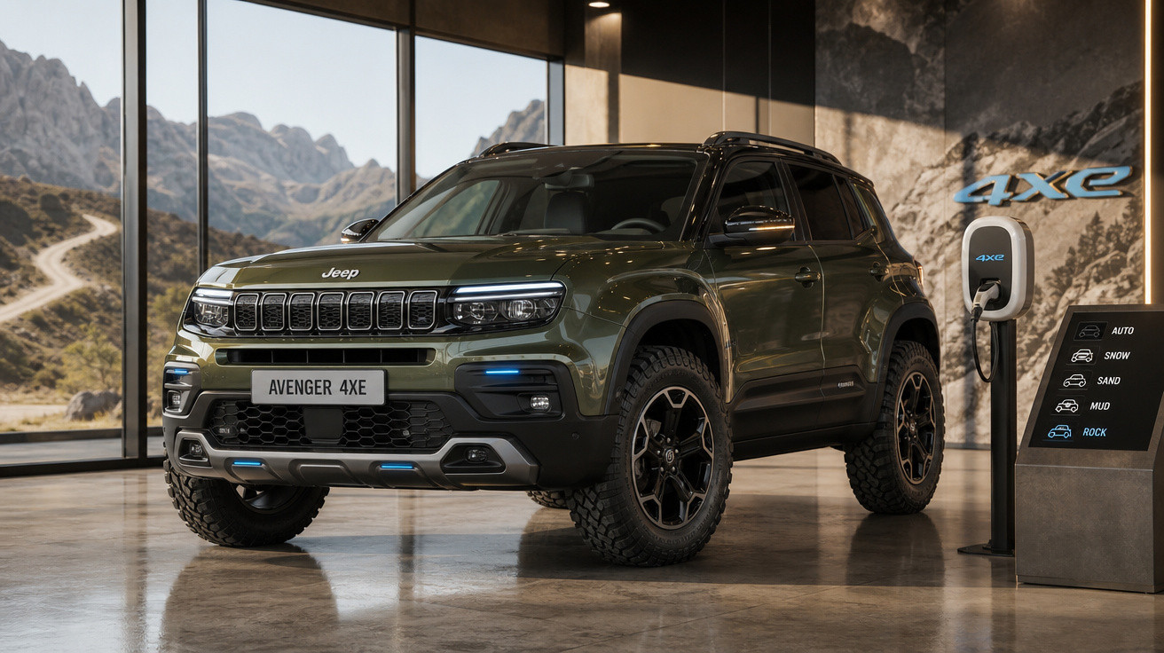 Jeep Avenger 4XE verde escuro, SUV elétrico em showroom com parede de pedra e carregador elétrico.