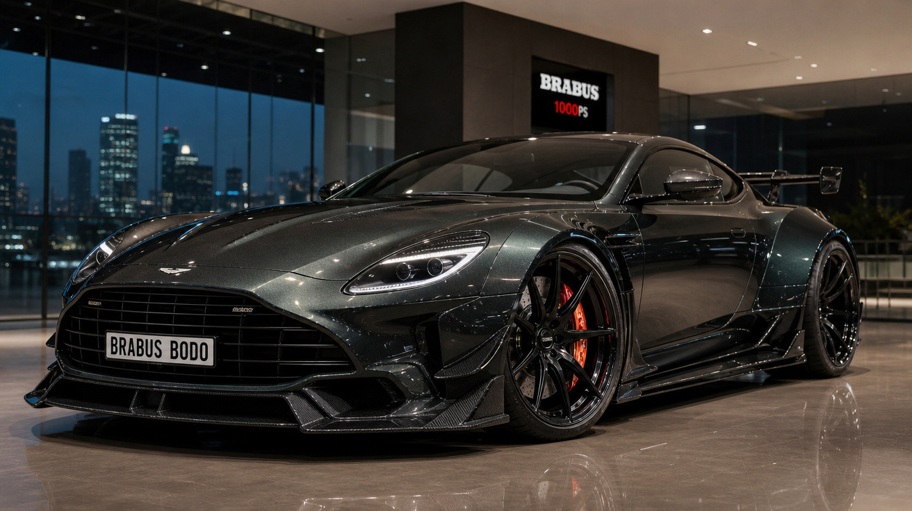 Carro esportivo preto de luxo Brabus Bodo estacionado em ambiente interno moderno à noite.