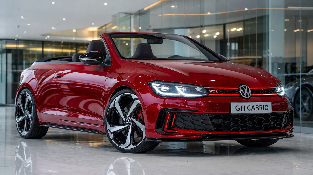 Carro conversível vermelho Volkswagen GTI Cabrio exibido em showroom moderno e iluminado.