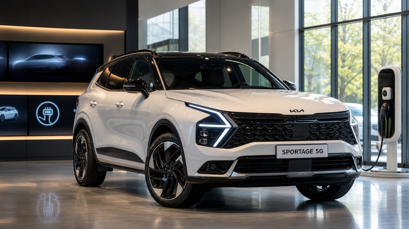 SUV Kia Sportage 5G branco com teto preto exibido em showroom moderno com carregador elétrico.
