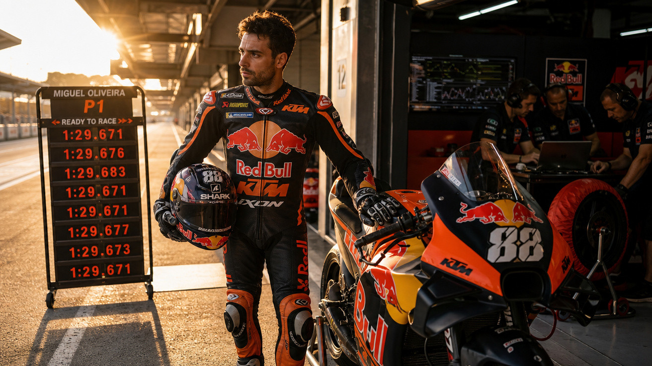 Piloto de MotoGP Miguel Oliveira em roupa de corrida ao lado da moto KTM e placa com tempos de volta no pôr do sol.