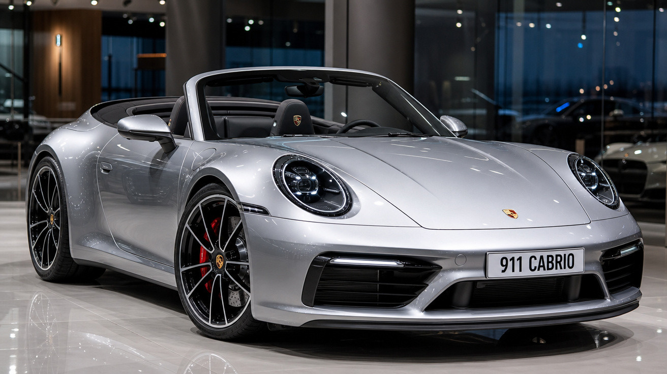 Carro esportivo conversível prata Porsche 911 Cabrio estacionado em showroom moderno.