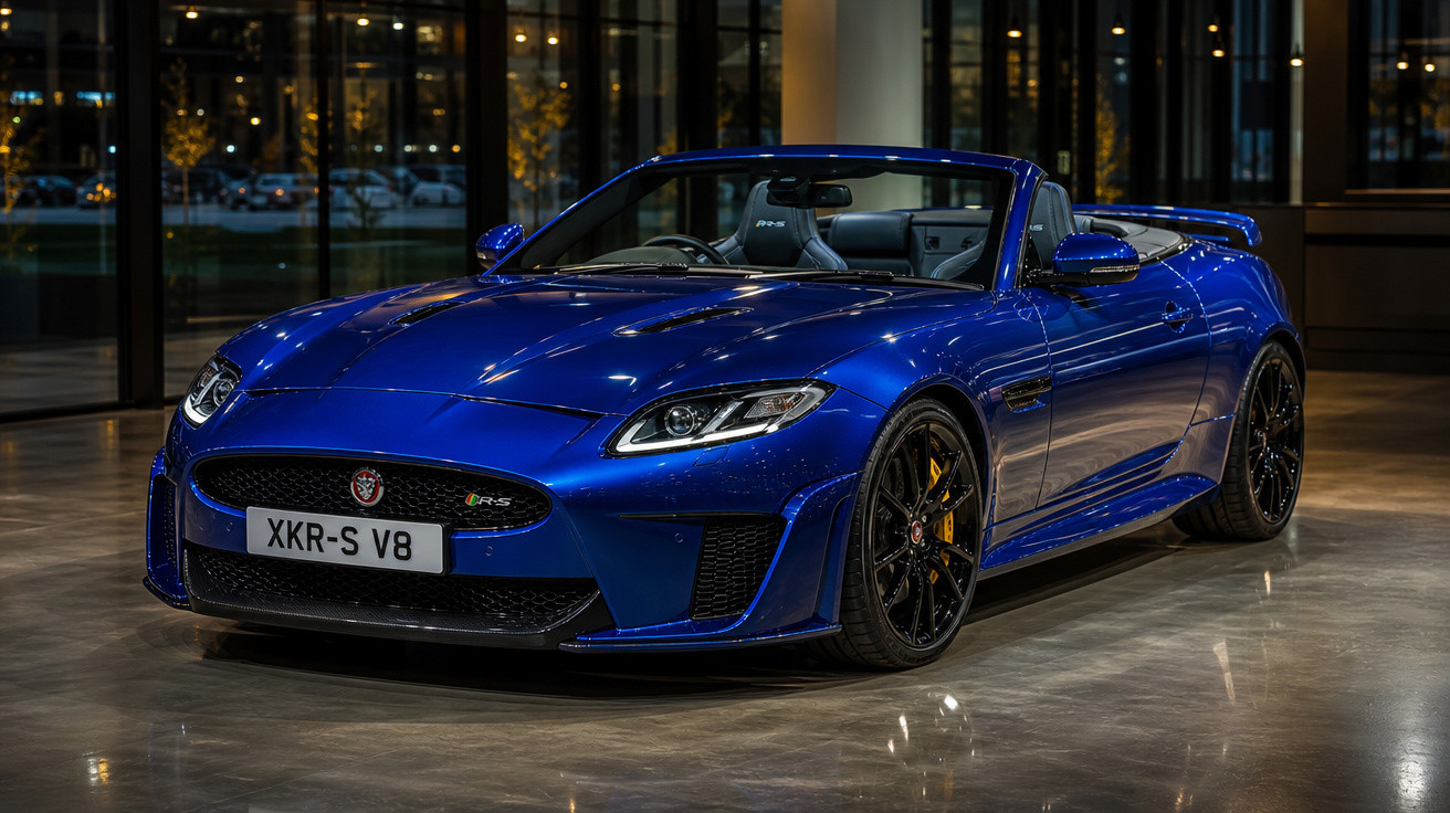 Carro esportivo conversível Jaguar azul estacionado em interior com piso brilhante.