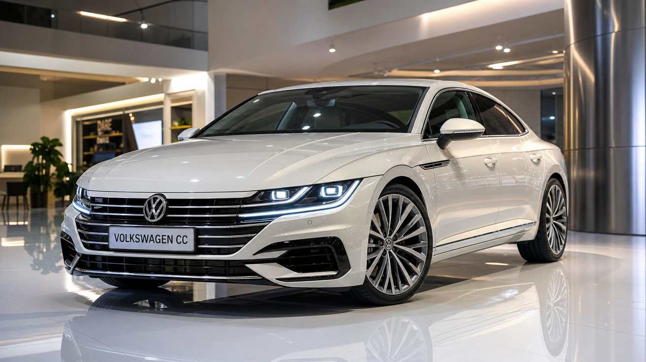 Carro Volkswagen CC branco em showroom moderno com luzes LED e piso refletivo.