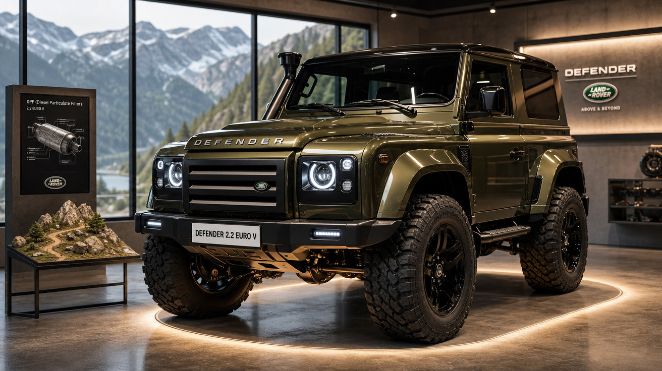 Carro Land Rover Defender 2.2 Euro V verde em exposição interna com vitrine de montanhas ao fundo.