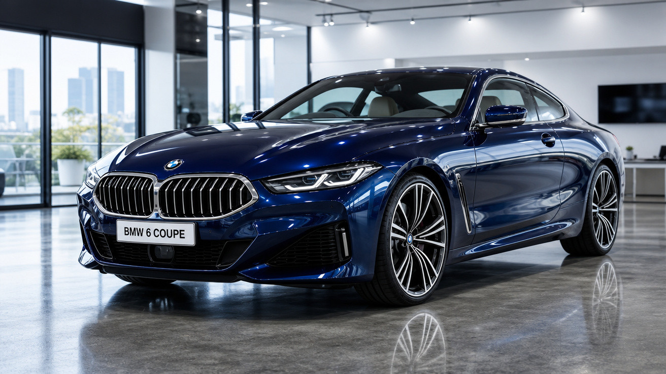 BMW 6 Coupe azul metálico estacionado em showroom moderno com piso brilhante e janelas amplas.