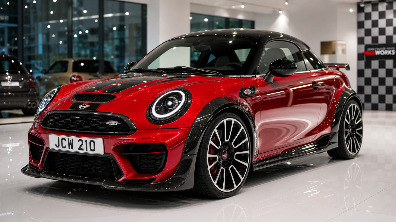Carro esportivo Mini Cooper JCW vermelho com detalhes em preto em showroom iluminado.
