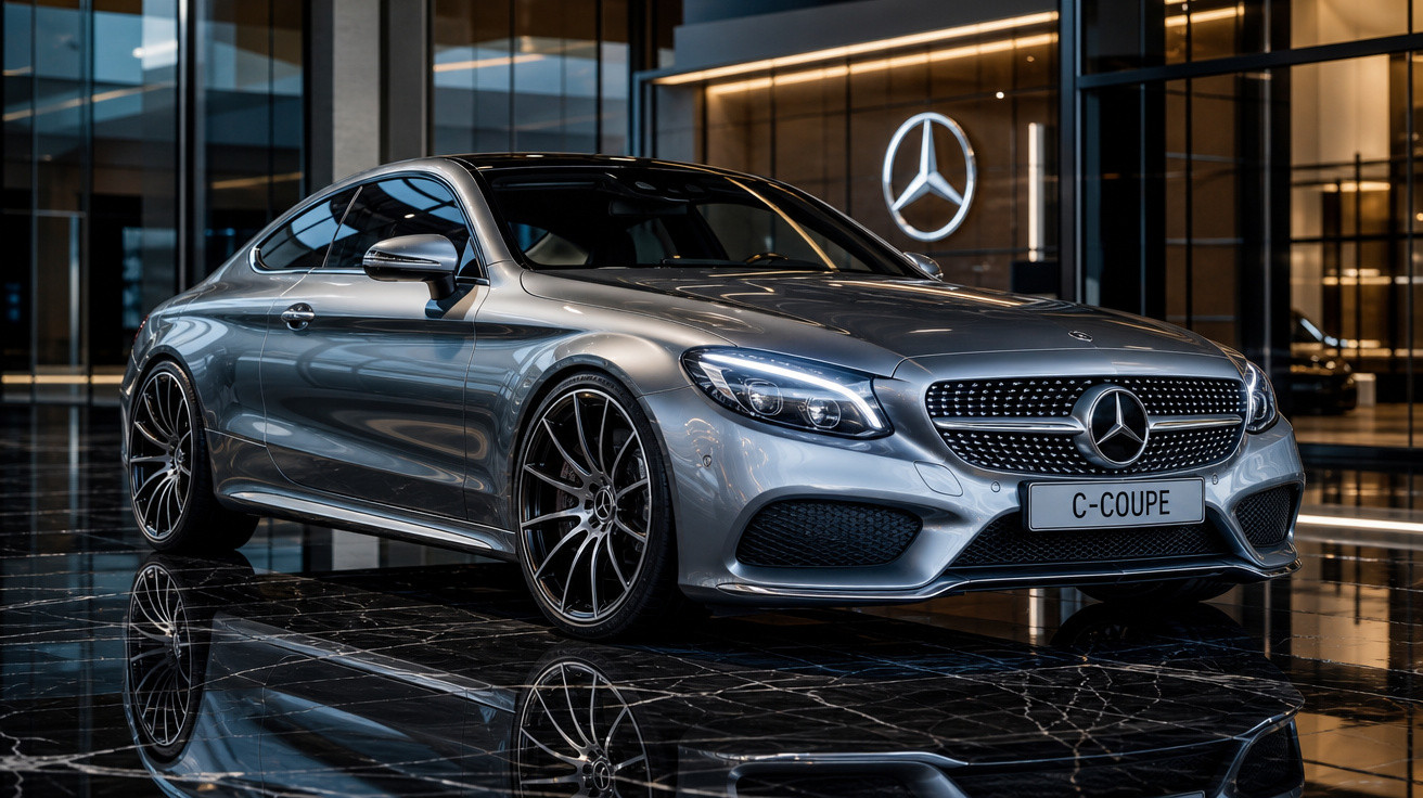 Carro esportivo prata Mercedes-Benz C-Coupe estacionado em piso preto brilhante com reflexos e fachada moderna ao fundo.