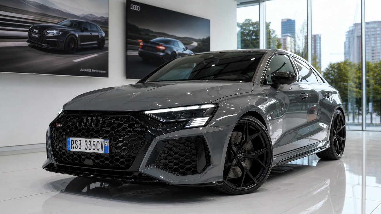 Carro Audi RS3 cinza exibido em showroom moderno com vitrine de vidro e pôsteres de carros na parede.