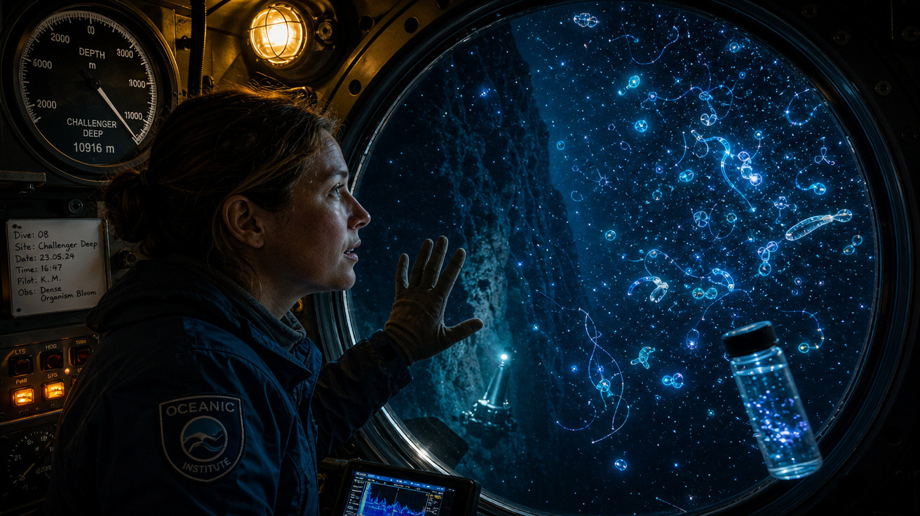 Mulher observa microorganismos bioluminescentes através da janela de submarino em profundidade oceânica.