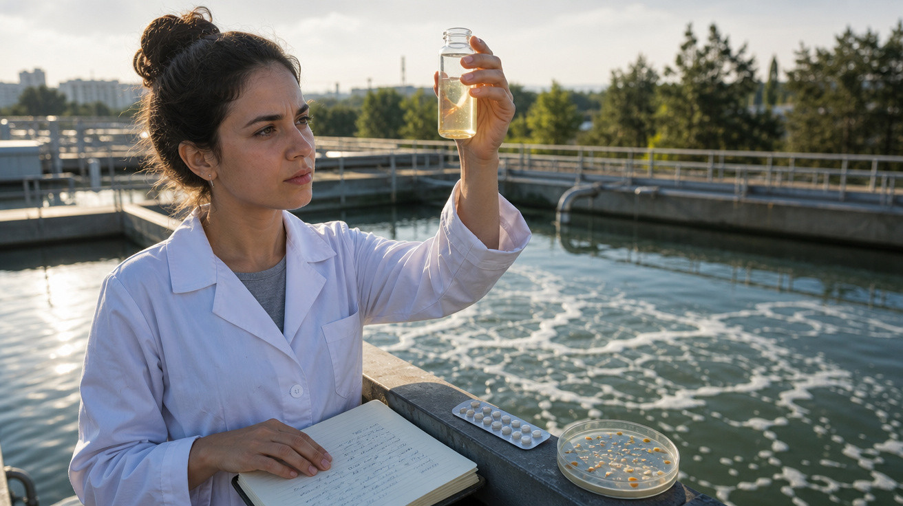 Mulher cientista analisa amostra de água em estação de tratamento enquanto faz anotações em caderno.