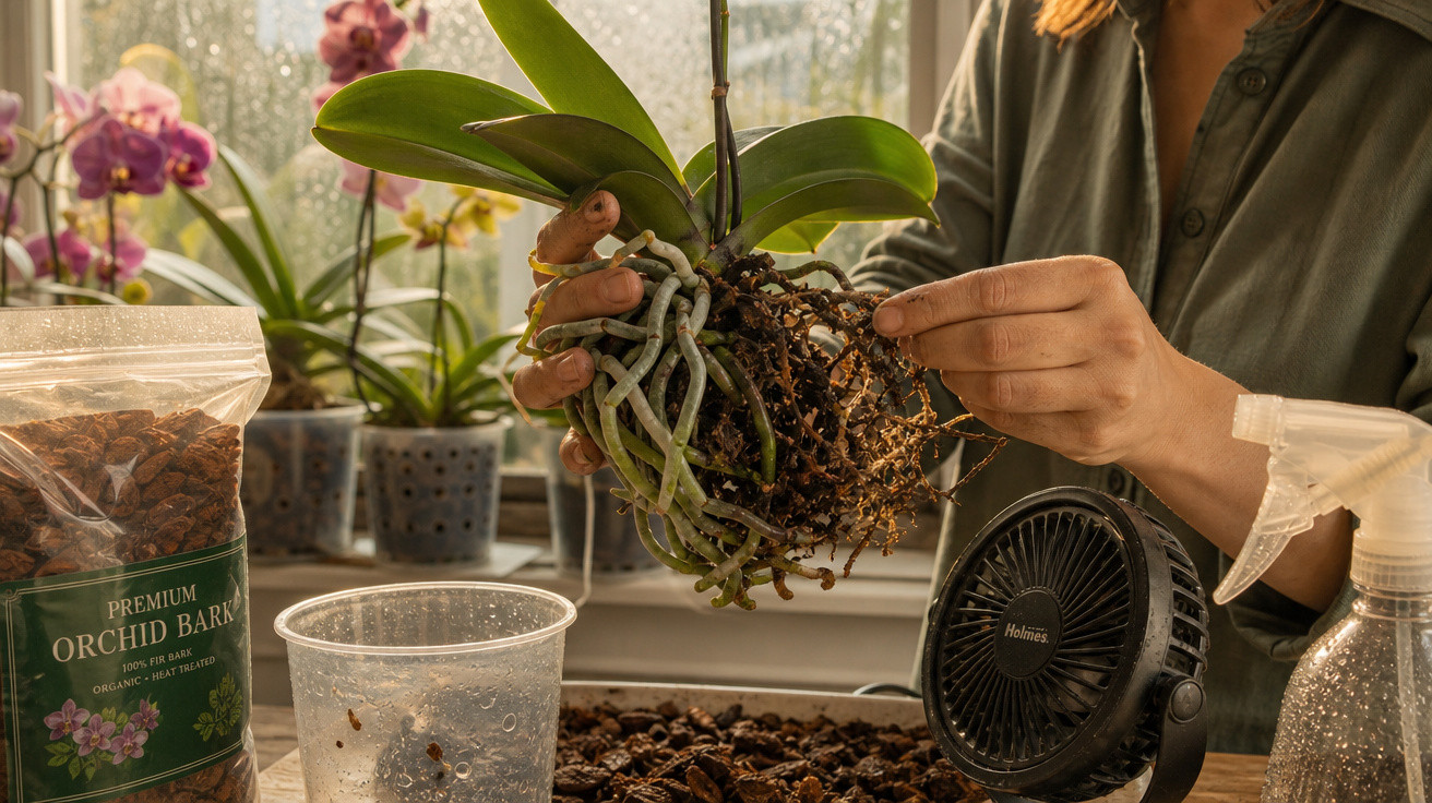 Pessoa transplantando orquídea, segurando planta sem vaso e mexendo nas raízes em ambiente interno.