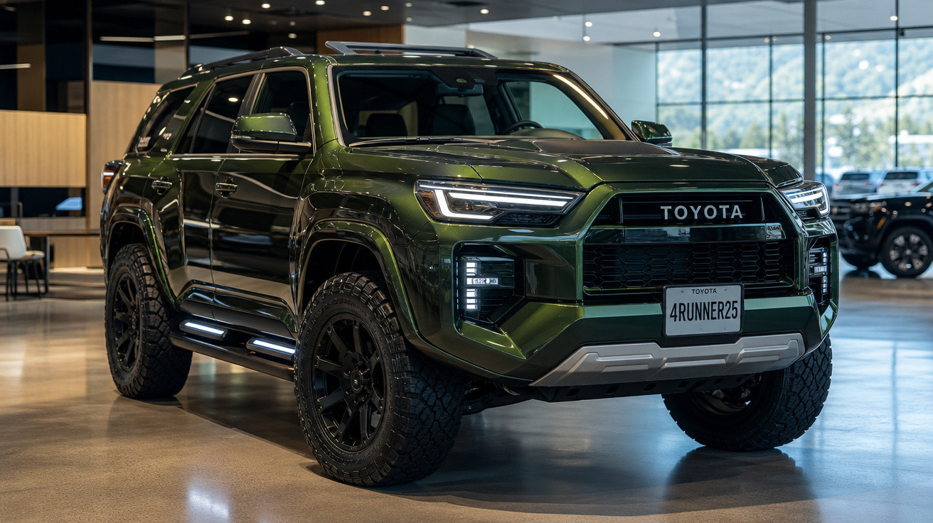 SUV Toyota 4Runner verde escuro em exposição interna com pneus off-road e design robusto.