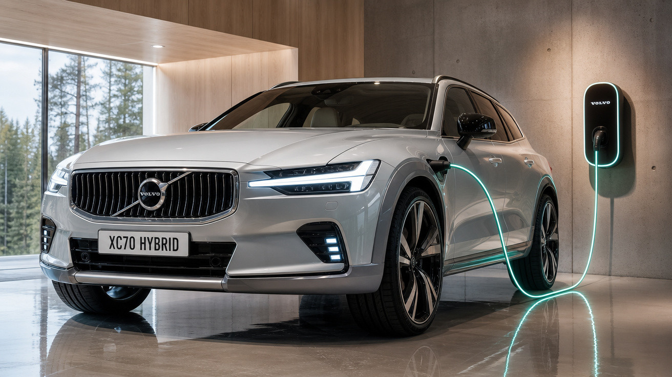 Carro híbrido Volvo XC70 branco estacionado e carregando em estação de recarga interna com parede de concreto.