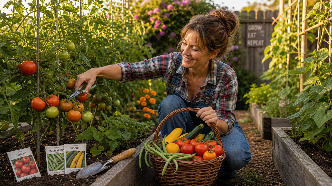 Mulher colhendo tomates em jardim enquanto sorri, com cesta cheia de vegetais e ferramentas de jardinagem.