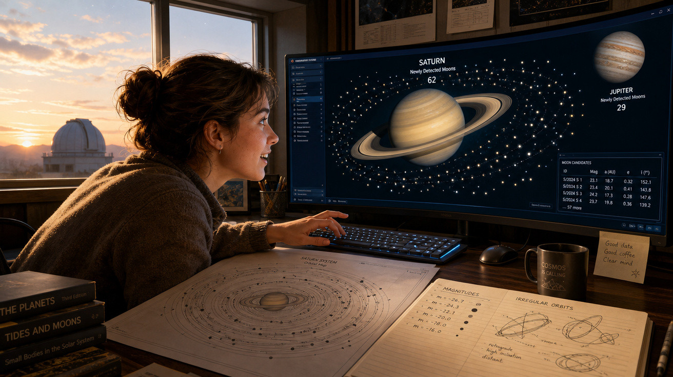 Mulher estudando mapas e gráficos sobre os planetas Saturno e Júpiter em computador e papel.
