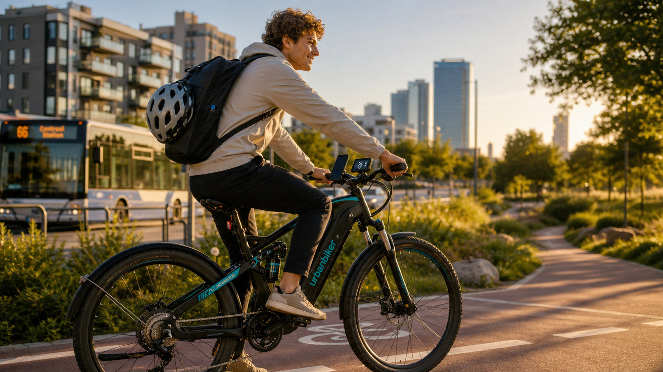 Homem jovem pedalando bicicleta elétrica em ciclovia urbana ao pôr do sol com mochila e capacete.