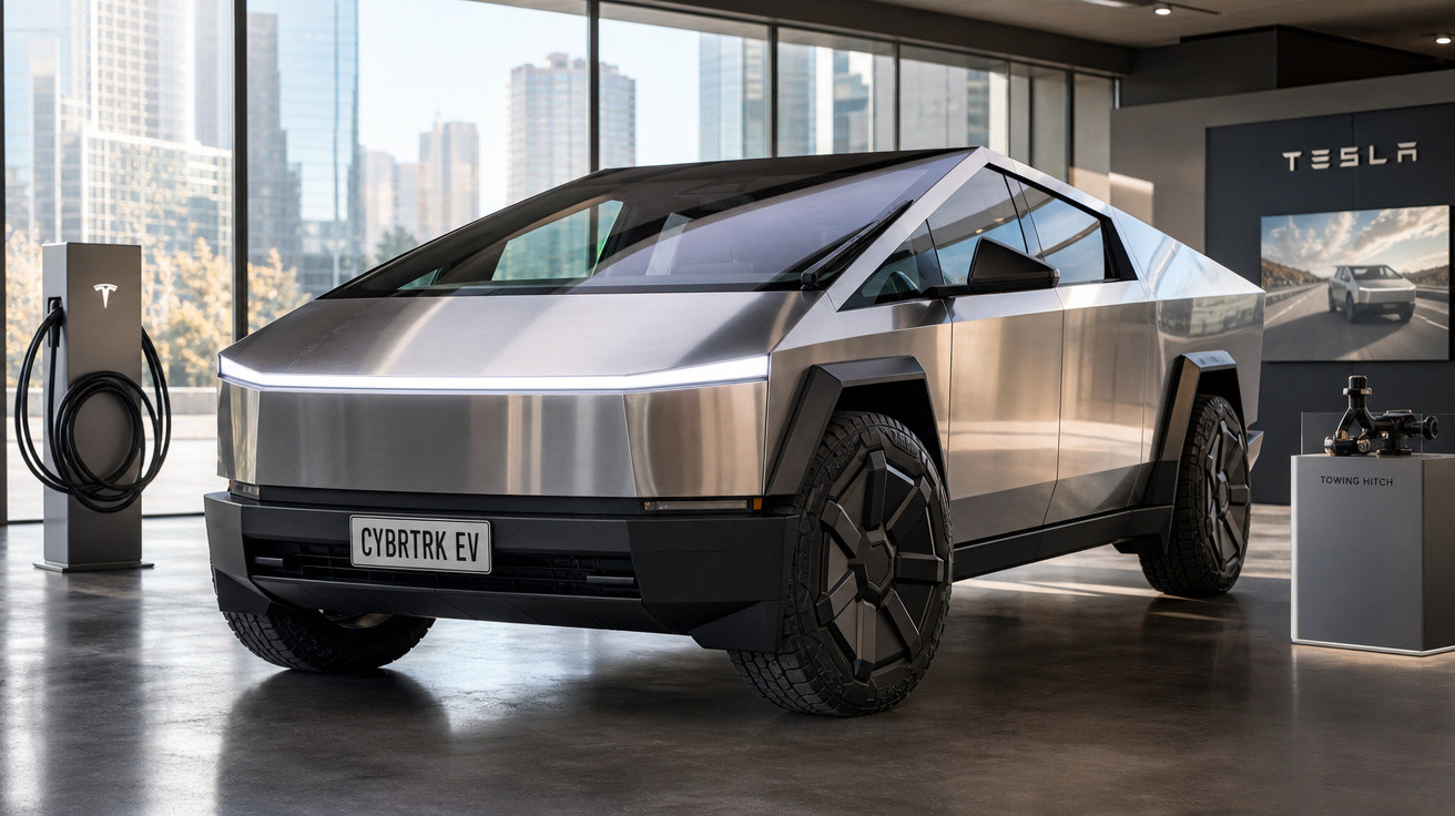 Carro elétrico Tesla Cybertruck prata em showroom moderno com estação de recarga e fundo urbano.
