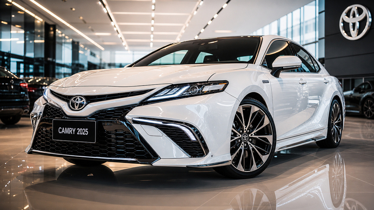 Carro branco Toyota Camry 2025 em exposição dentro de concessionária moderna e iluminada.