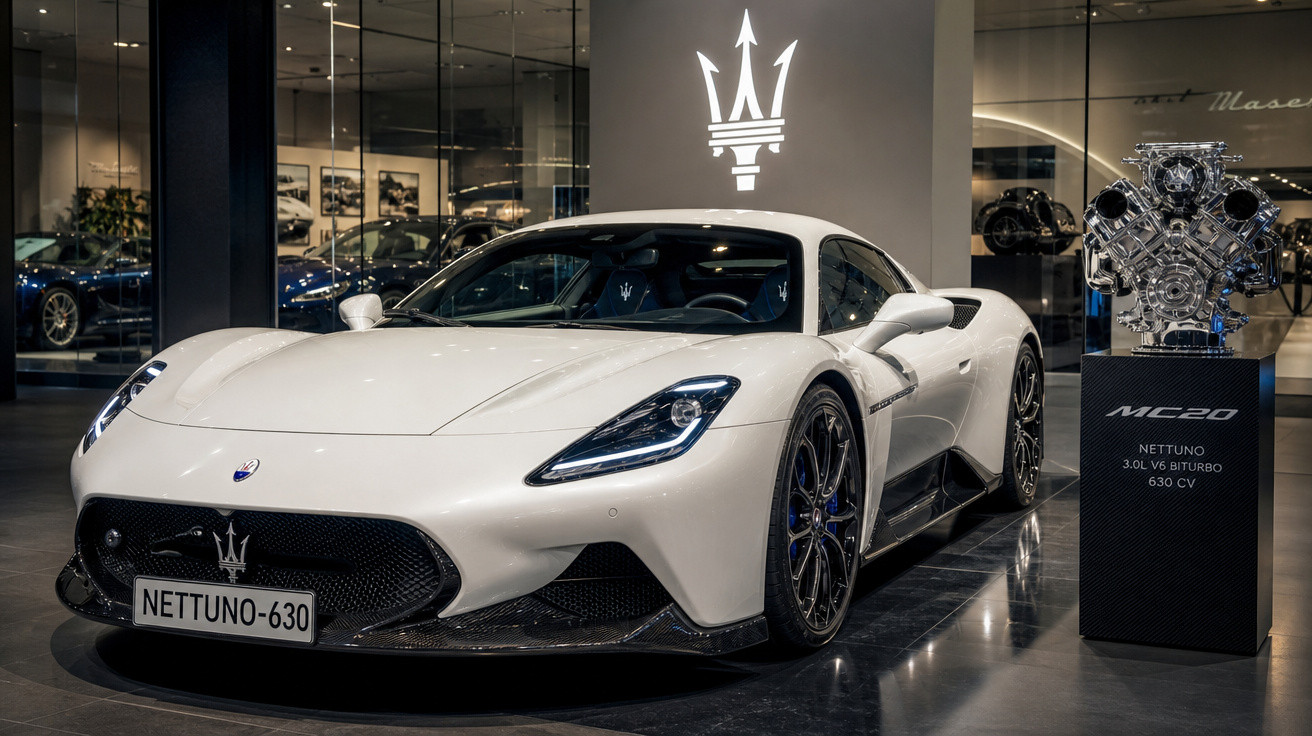 Carro esportivo branco Maserati MC20 Nettuno em exposição com motor no pedestal ao lado.