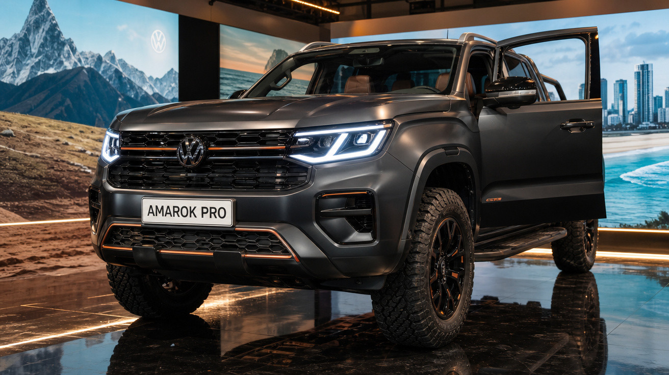 Picape Volkswagen Amarok Pro cinza com faróis ligados e porta aberta em ambiente interno.
