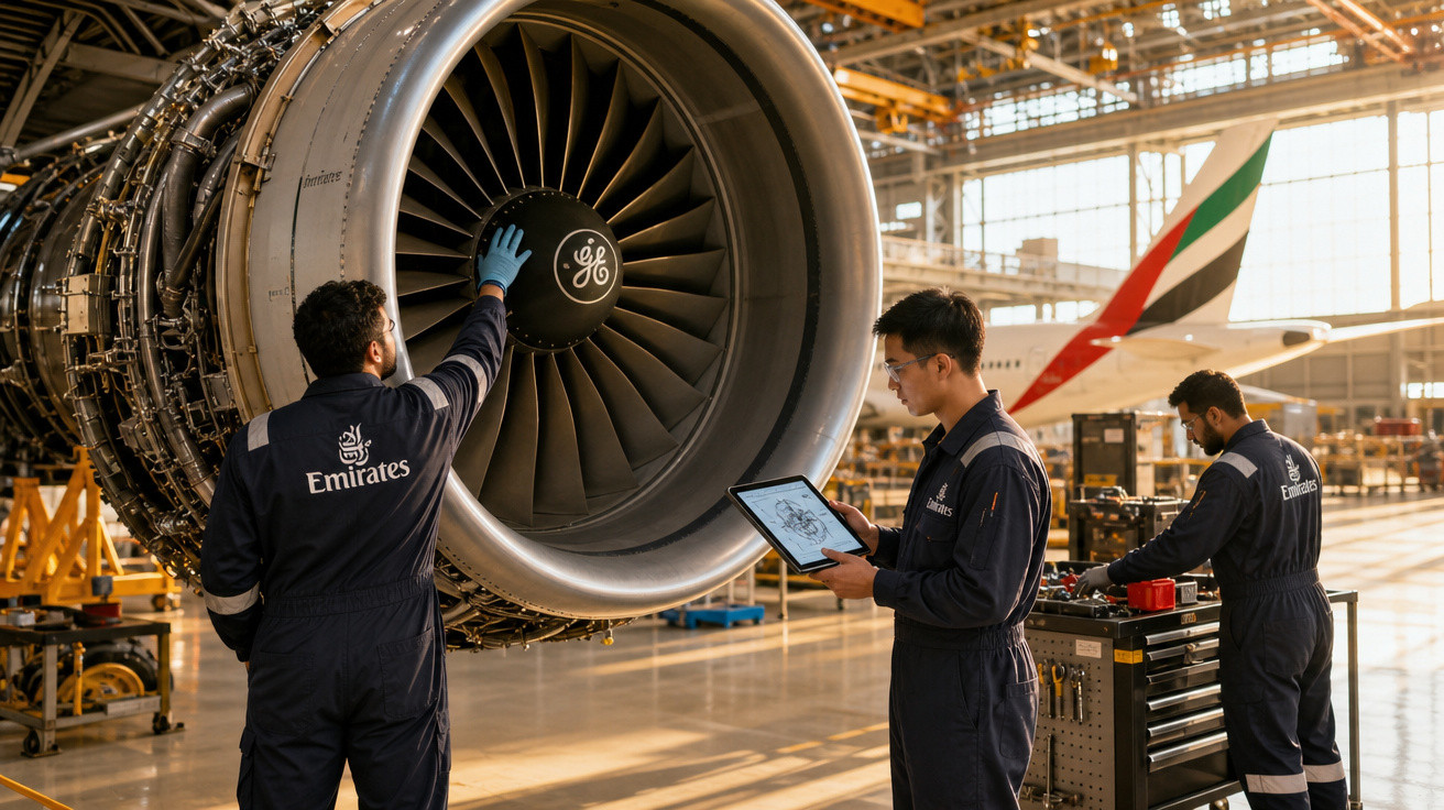 Técnicos da Emirates inspecionando motor de avião em hangar com tablet e equipamentos.